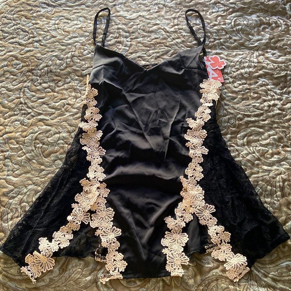 Black Satin Chemise with Cream Floral Lace Trim